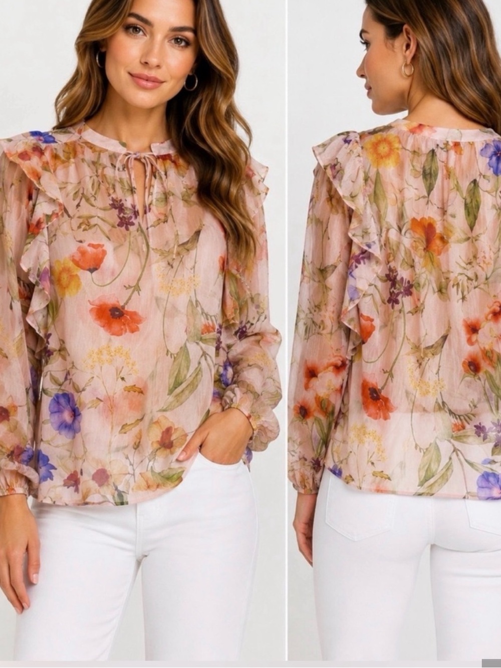 Bailey 44 Peach Floral Ruffle Long Sleeve Blouse Sz Small Sheer keyhole